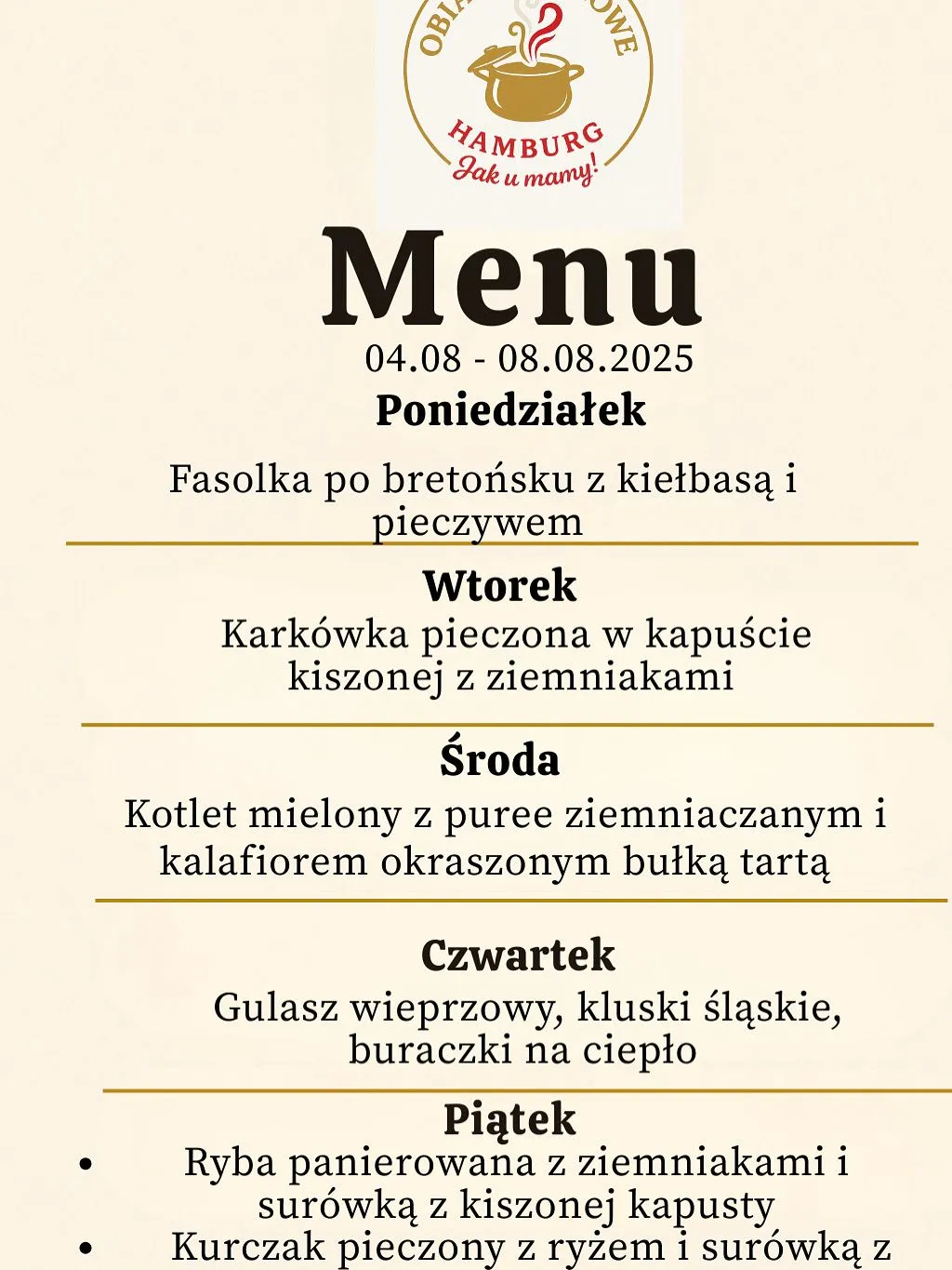 Karta menu z obiadowym jadłospisem